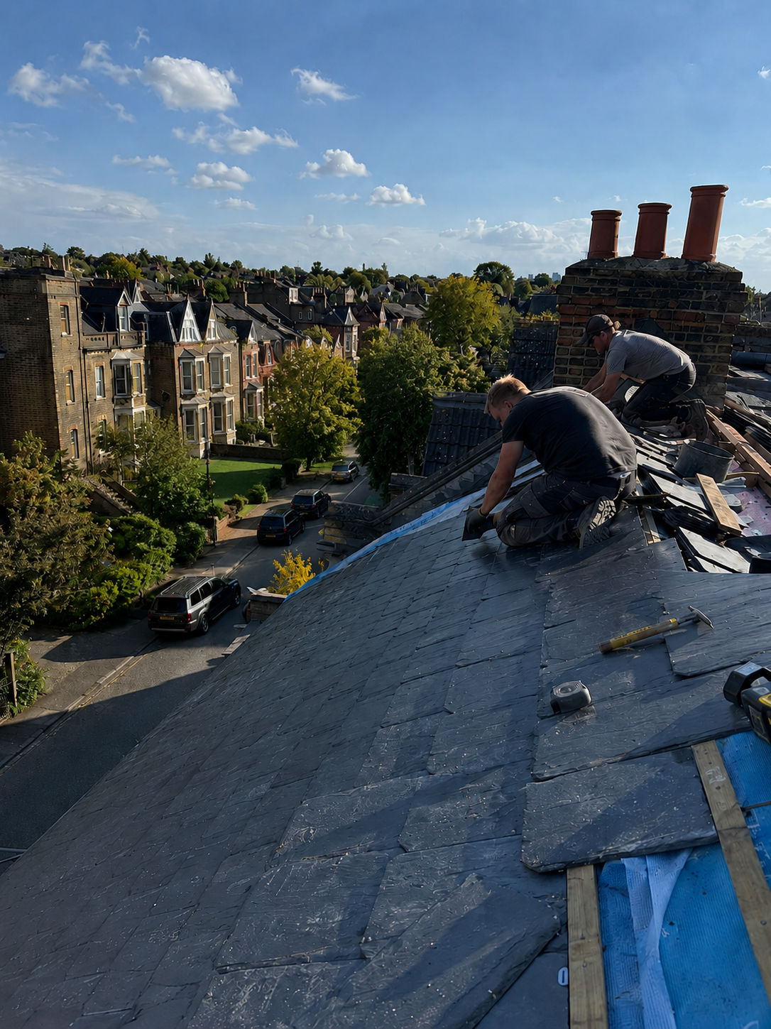 Southbank Roofing craftsmen installing a natural slate roof above a London street